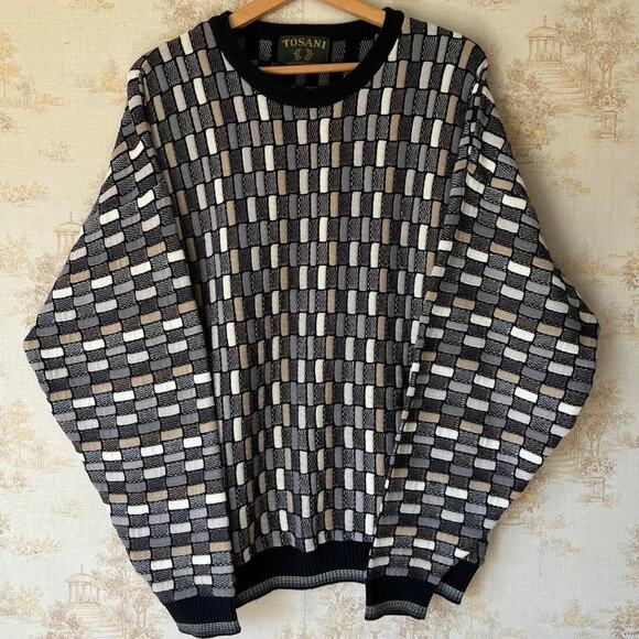 Vintage 90s Tosani 3D Knit SweaterGeometric Earth Tone PulloverSize L